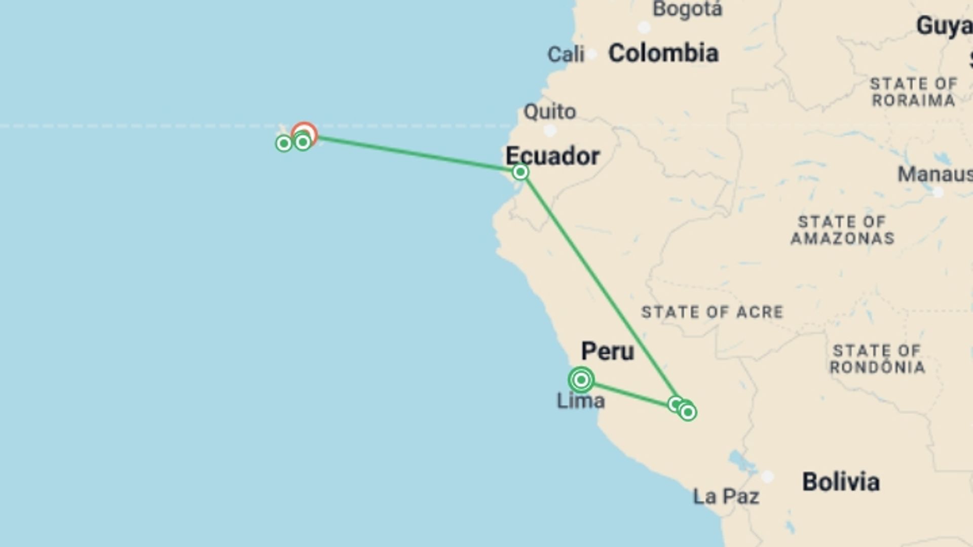 A map showing the tour itinerary for the trip: Andes & Galapagos (multi Country), starting in Lima, Peru and ending in Baltra Island, Ecuador going through 6 other destinations.