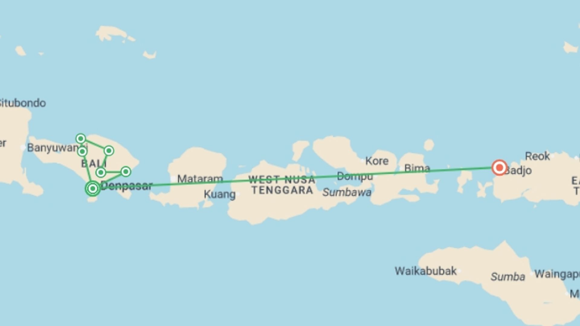 A map showing the tour itinerary for the trip: Indonesia: Bali & Komodo Island, starting in Seminyak , Indonesia and ending in Labuan Bajo, Indonesia going through 6 other destinations.