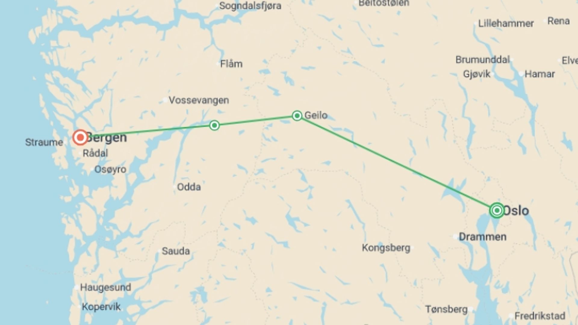 A map showing the tour itinerary for the trip: Oslo to Bergen Self Drive - 7 days, starting in Oslo, Norway and ending in Bergen, Norway going through 2 other destinations.