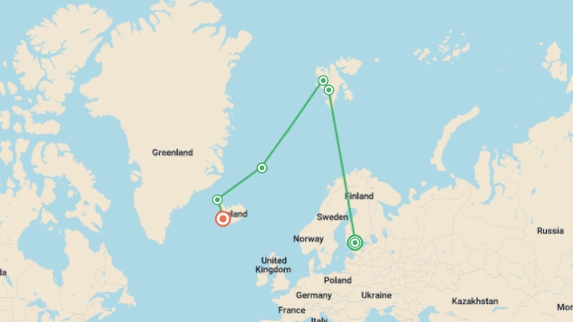 A map showing the tour itinerary for the trip: Ultimate Arctic Voyage: From Svalbard to Jan Mayen to Iceland, starting in Helsinki, Finland and ending in Reykjavik, Iceland going through 2 other destinations.
