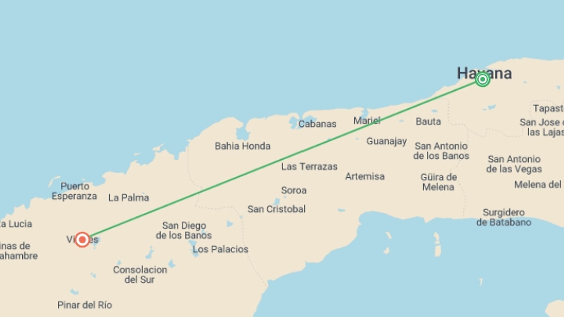 A map showing the tour itinerary for the trip: Vinales Escape Homestay Experience 3D/2N, starting in Havana, Cuba and ending in Vinales, Cuba going through 0 other destinations.