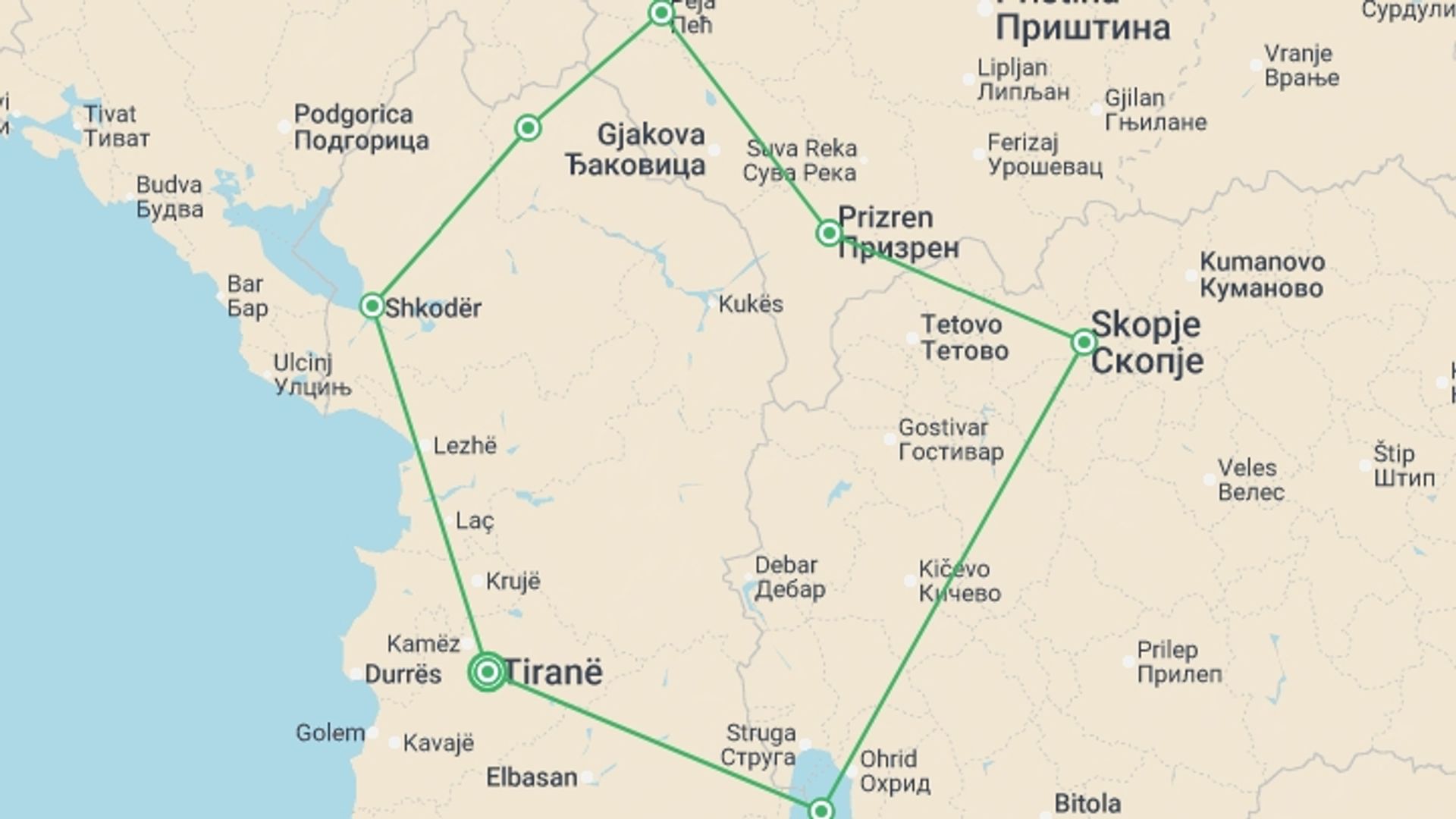 A map showing the tour itinerary for the trip: Kosovo, Albania & Macedonia Explorer, starting in Tirana, Albania and ending in Tirana, Albania going through 6 other destinations.