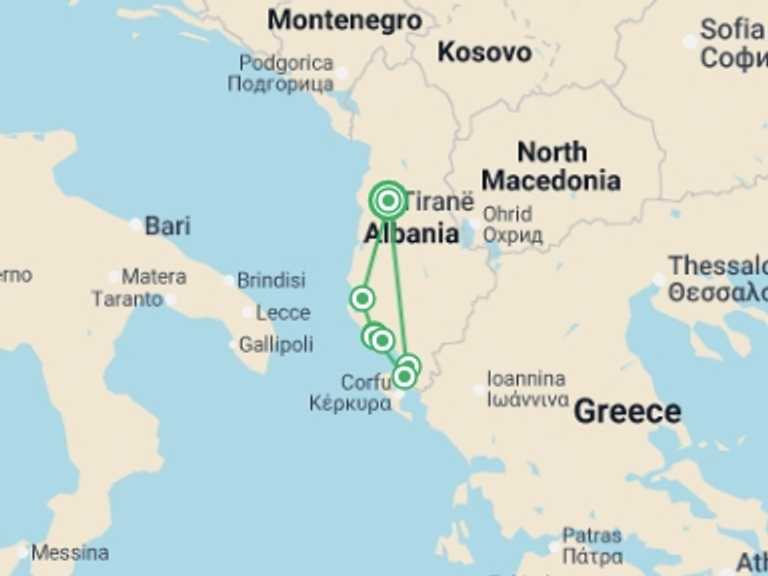 Map itinerary of Tirana Tour in September 2026 with 2 destination visits for the trip: Albania Riviera Express - 3 days
