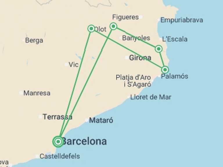 Map of England and Spain Tour with 6 destination visits for the trip: Cycling Girona and the Catalan Coast