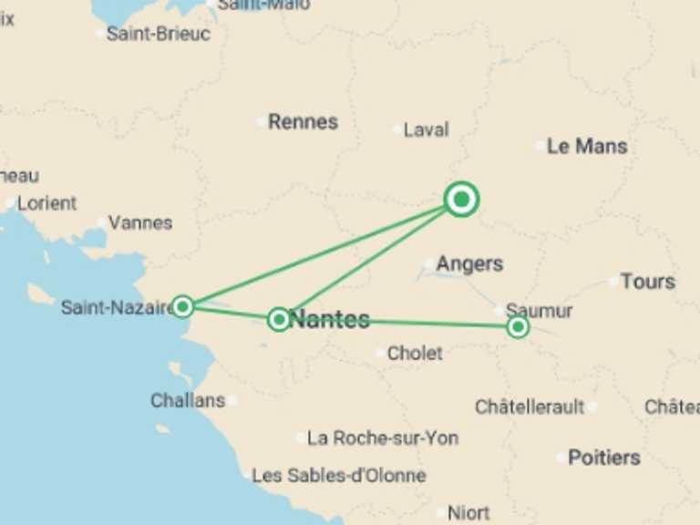 Map of France Cruise Tour with 4 destination visits for the trip: Murmurs of the Loire: A Cruise Through Heritage and Legends (port-to-port cruise)