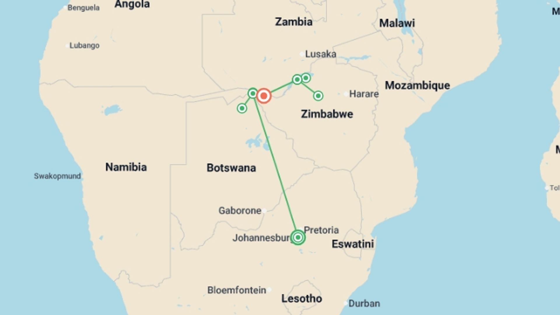 A map showing the tour itinerary for the trip: Safari Cruise along the Zambezi River - South Africa, Botswana, Namibia, Zimbabwe (port-to-port cruise), starting in Johannesburg, South Africa and ending in Victoria Falls, Zimbabwe going through 5 other destinations.