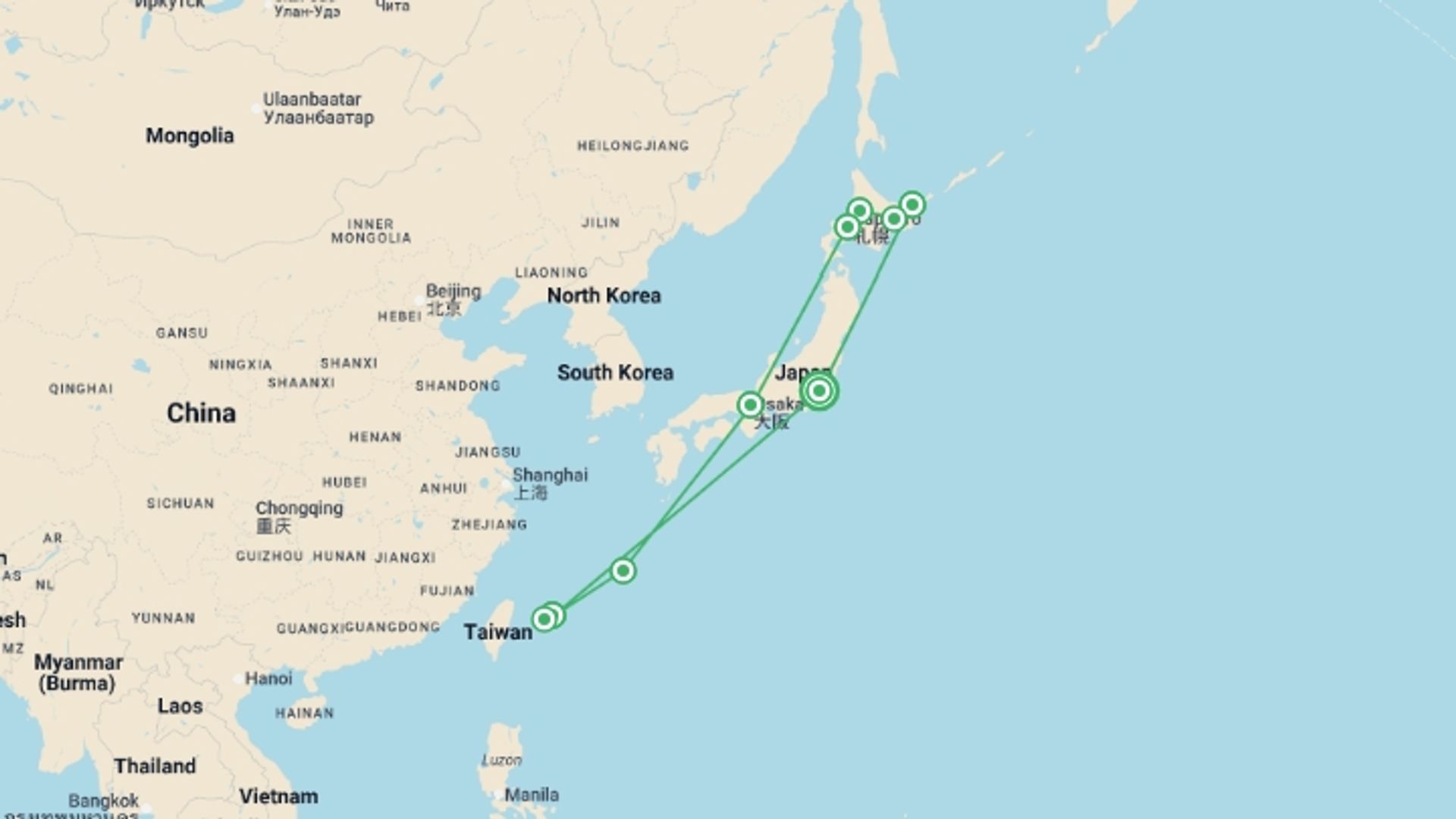 A map showing the tour itinerary for the trip: Active Japan: Hokkaido Highlights & Okinawa Island Hopping, starting in Tokyo, Japan and ending in Tokyo, Japan going through 8 other destinations.