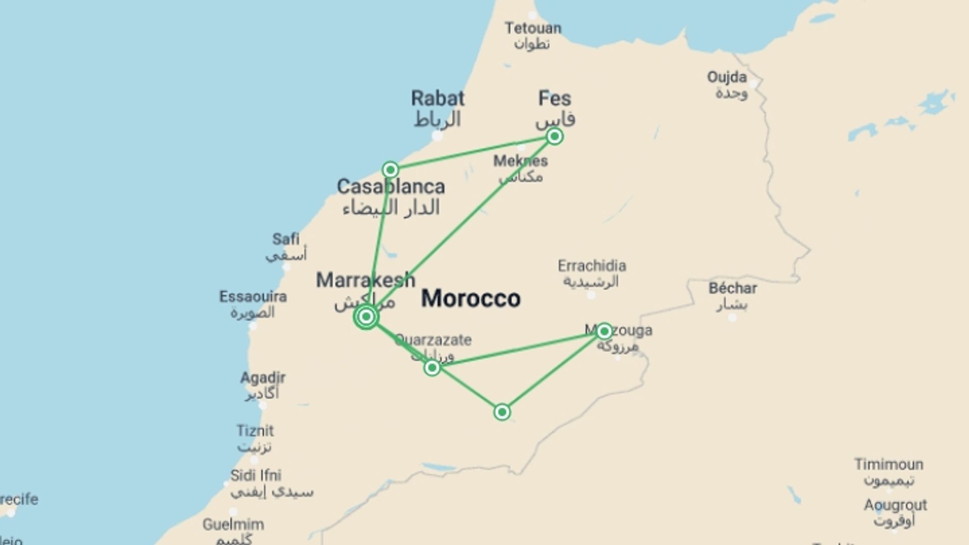 A map showing the tour itinerary for the trip: Best Of Morocco, starting in Marrakech, Morocco and ending in Marrakech, Morocco going through 5 other destinations.
