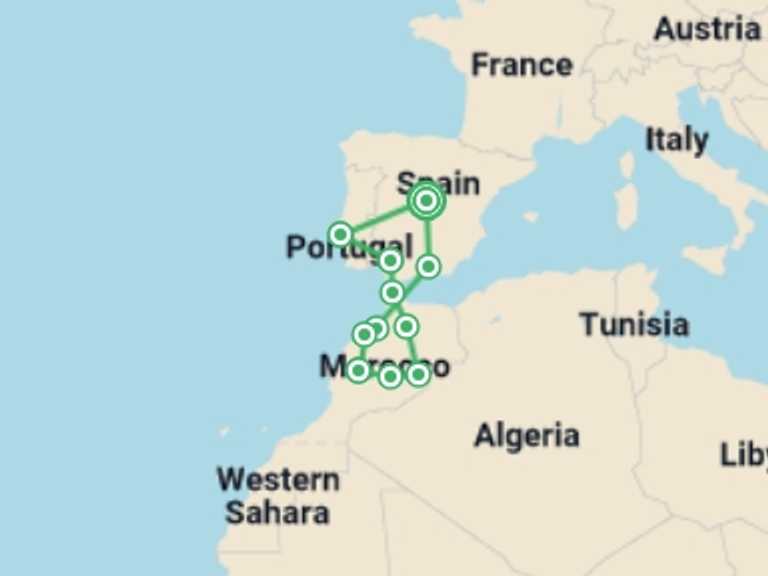 Map of Europe Tour with 10 destination visits for the trip: Best Iberian Cities and Morocco