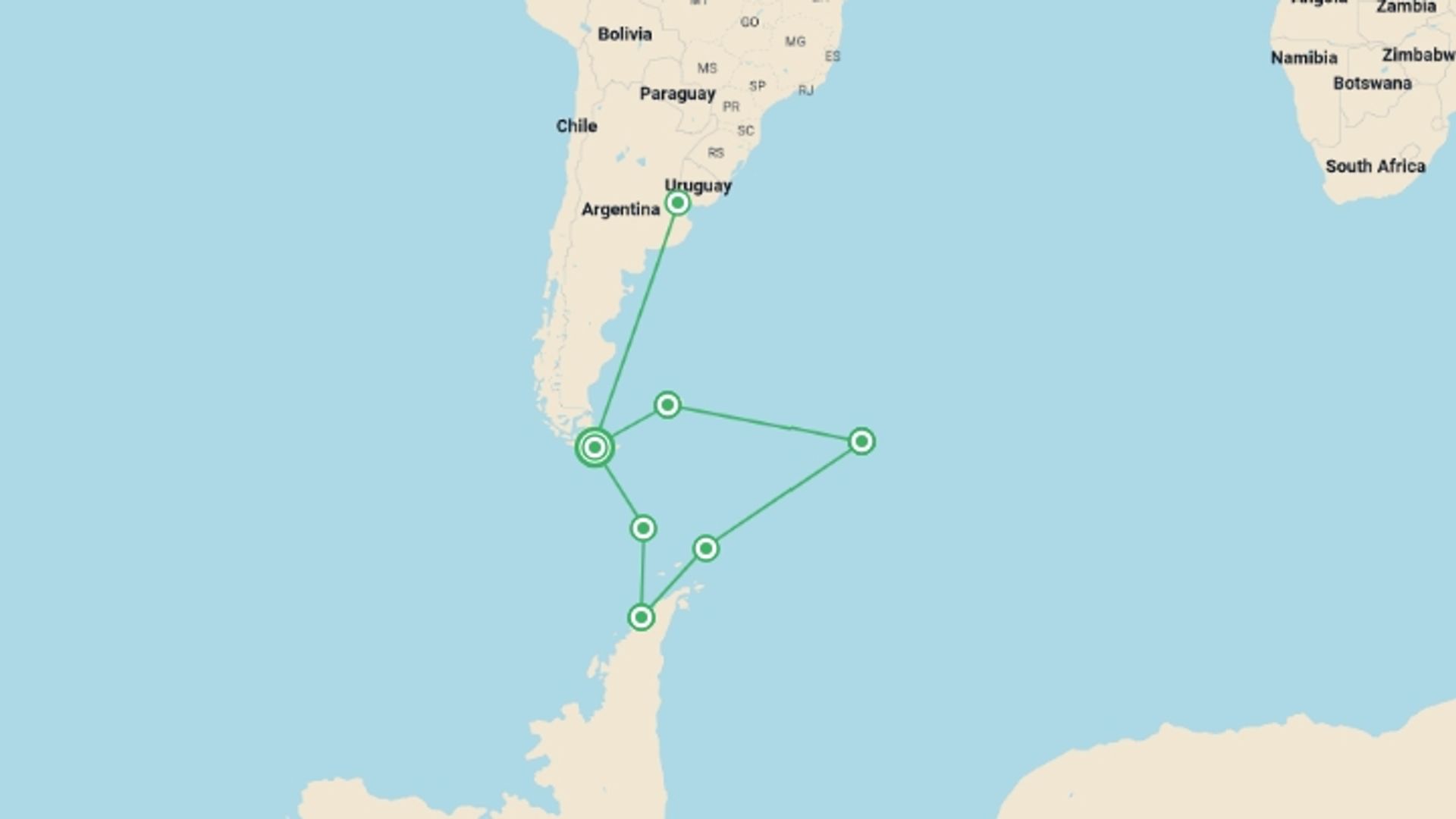 A map showing the tour itinerary for the trip: Falklands, South Georgia and Antarctic Peninsula - M/V Ushuaia, starting in Ushuaia, Argentina and ending in Ushuaia, Argentina going through 6 other destinations.