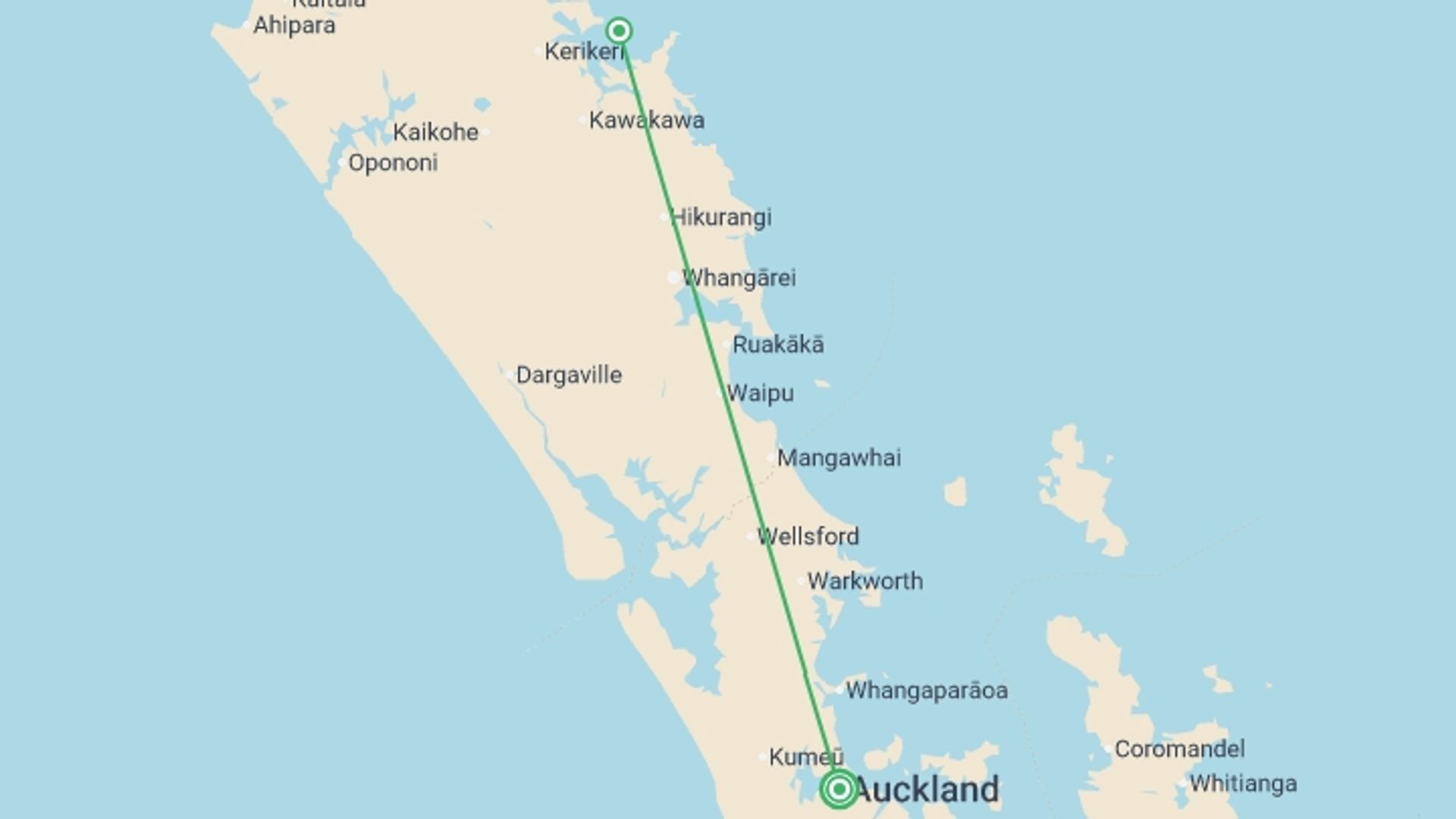 A map showing the tour itinerary for the trip: Jewels of the Bay, starting in Auckland, New Zealand and ending in Auckland, New Zealand going through 2 other destinations.