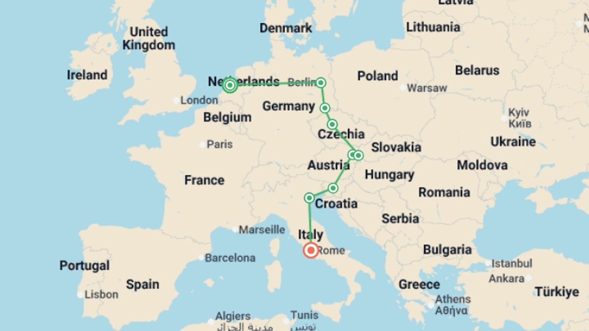 A map showing the tour itinerary for the trip: Eastern Adventure, starting in Amsterdam, Holland and ending in Rome, Italy going through 4 other destinations.