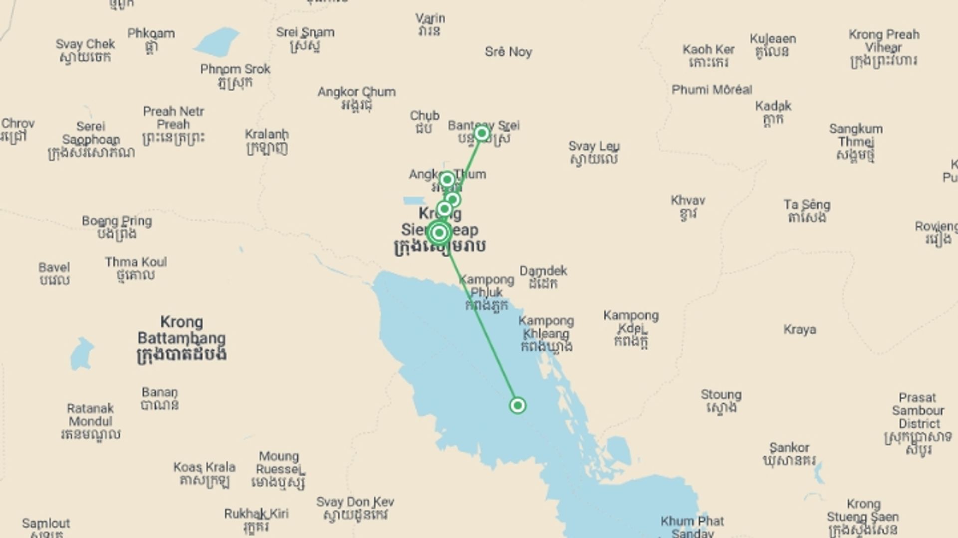 A map showing the tour itinerary for the trip: Angkor Temples & Lost City Of Ta Prohm, Private Tour, starting in Siem Reap, Cambodia and ending in Siem Reap, Cambodia going through 0 other destinations.