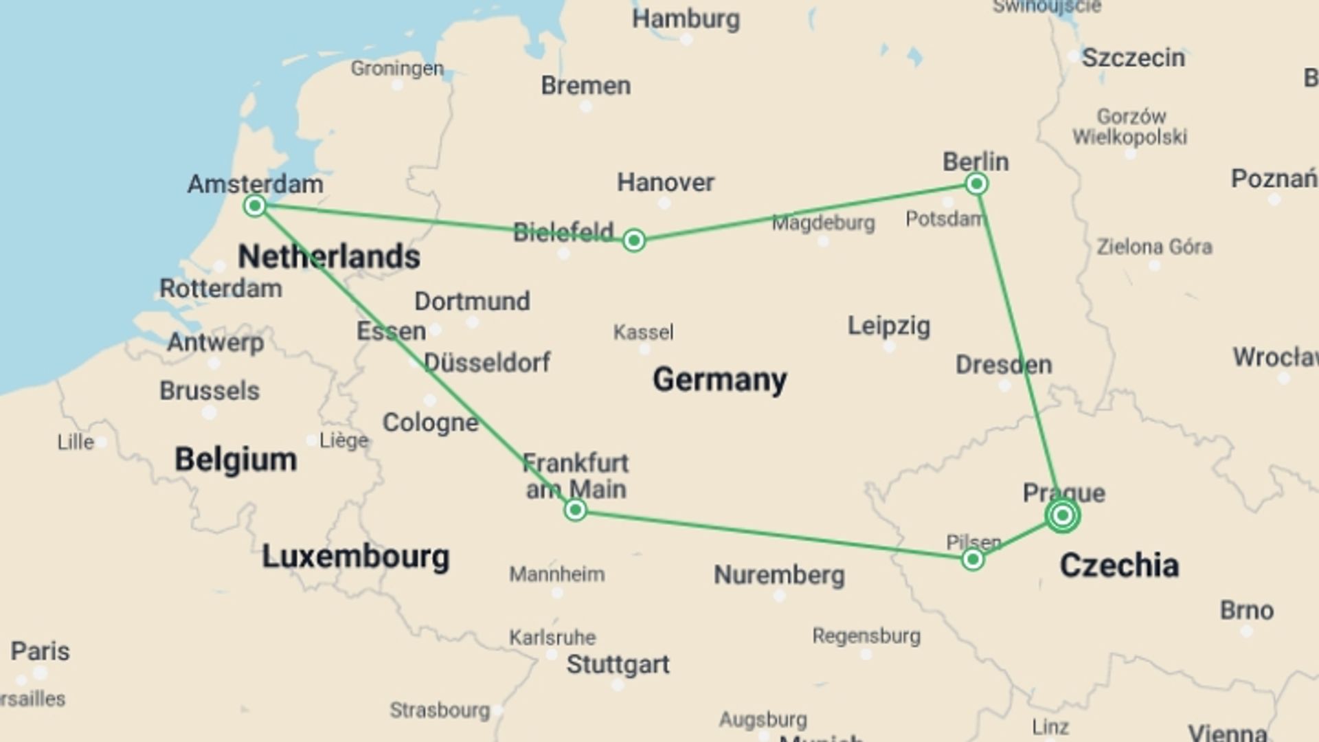 A map showing the tour itinerary for the trip: Prague and Germany ROT, starting in Prague, Czech Republic and ending in Prague, Czech Republic going through 0 other destinations.