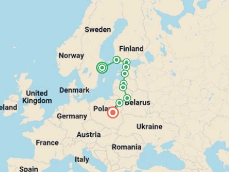 Map of Scandinavia Tour with 11 destination visits for the trip: Baltic Capitals