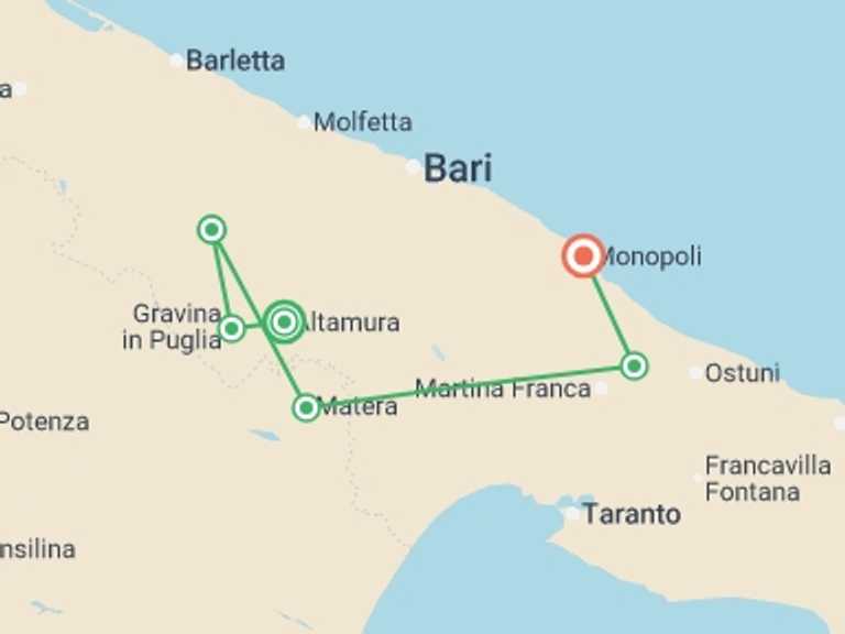 Map itinerary of Mediterranean Tour in October 2026 with 7 destination visits for the trip: A Taste of Italy - Walking in Puglia