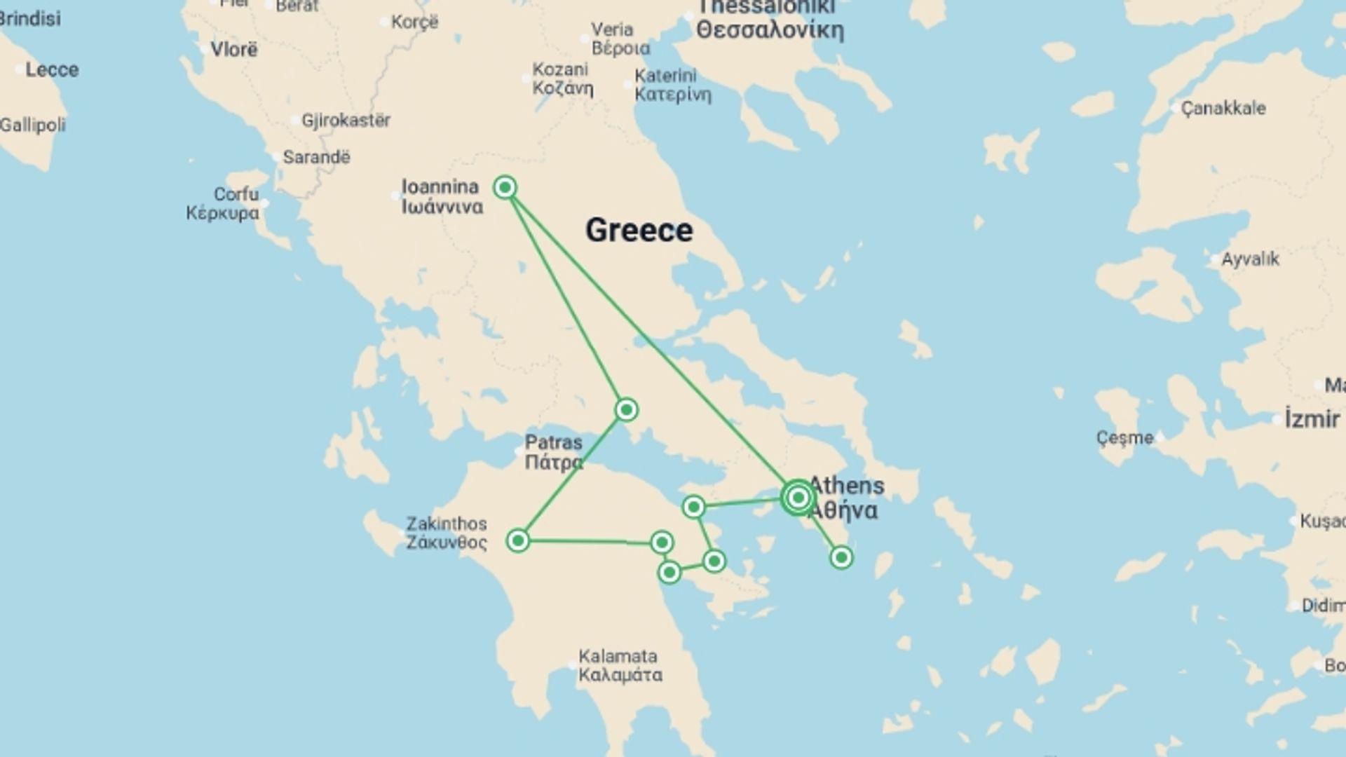 A map showing the tour itinerary for the trip: Classical Tour Greece Nafplion, Olympia, Delphi, Meteora, starting in Athens, Greece and ending in Athens, Greece going through 3 other destinations.