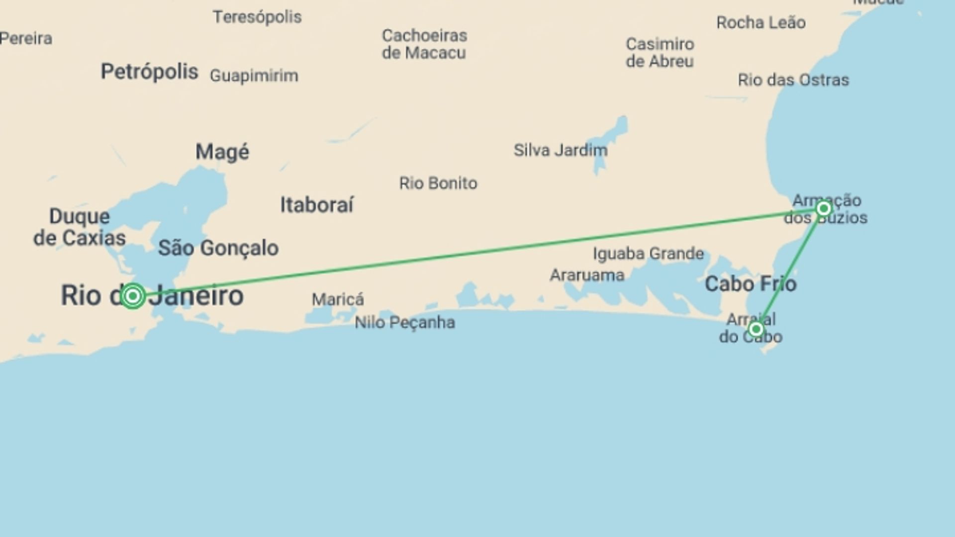 A map showing the tour itinerary for the trip: 7-Day Rio de Janeiro & Buzios, starting in Rio de Janeiro, Brazil and ending in Rio de Janeiro, Brazil going through 2 other destinations.