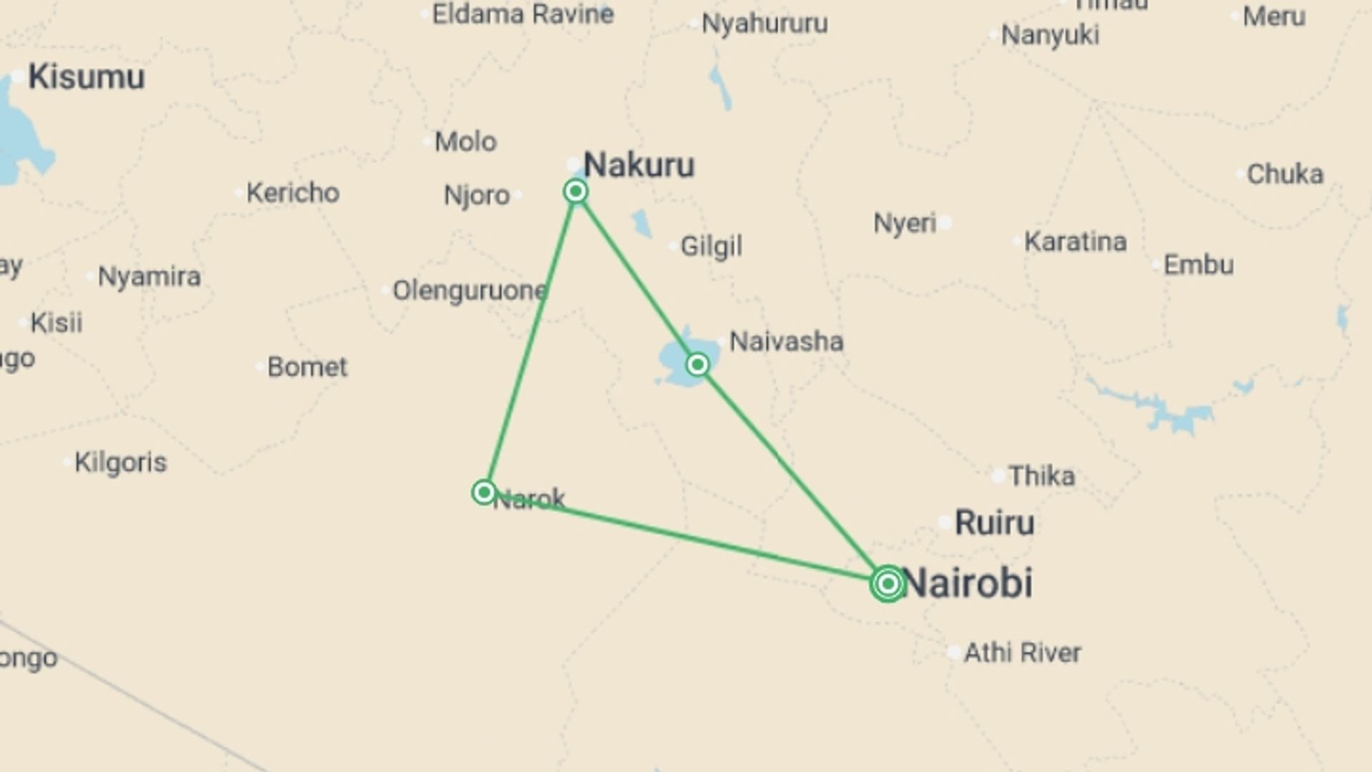 A map showing the tour itinerary for the trip: Premium Kenya, starting in Nairobi, Kenya and ending in Nairobi, Kenya going through 2 other destinations.