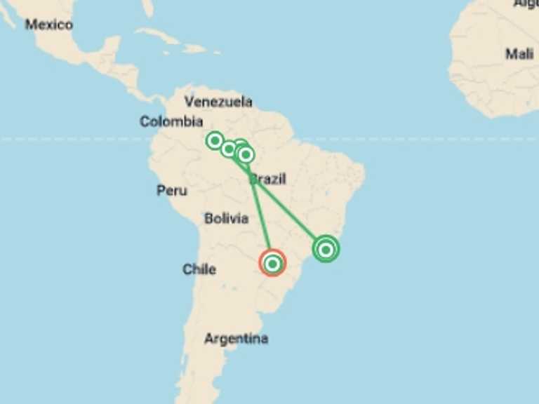Map itinerary of South America Tour in February 2027 with 11 destination visits for the trip: Along the Amazon and the Rio Negro - An Exclusive Cruise through Pristine and Hidden Nature - Rio, vibrant and timeless, and an exceptional stay at Iguazu Falls (port-to-port cruise)