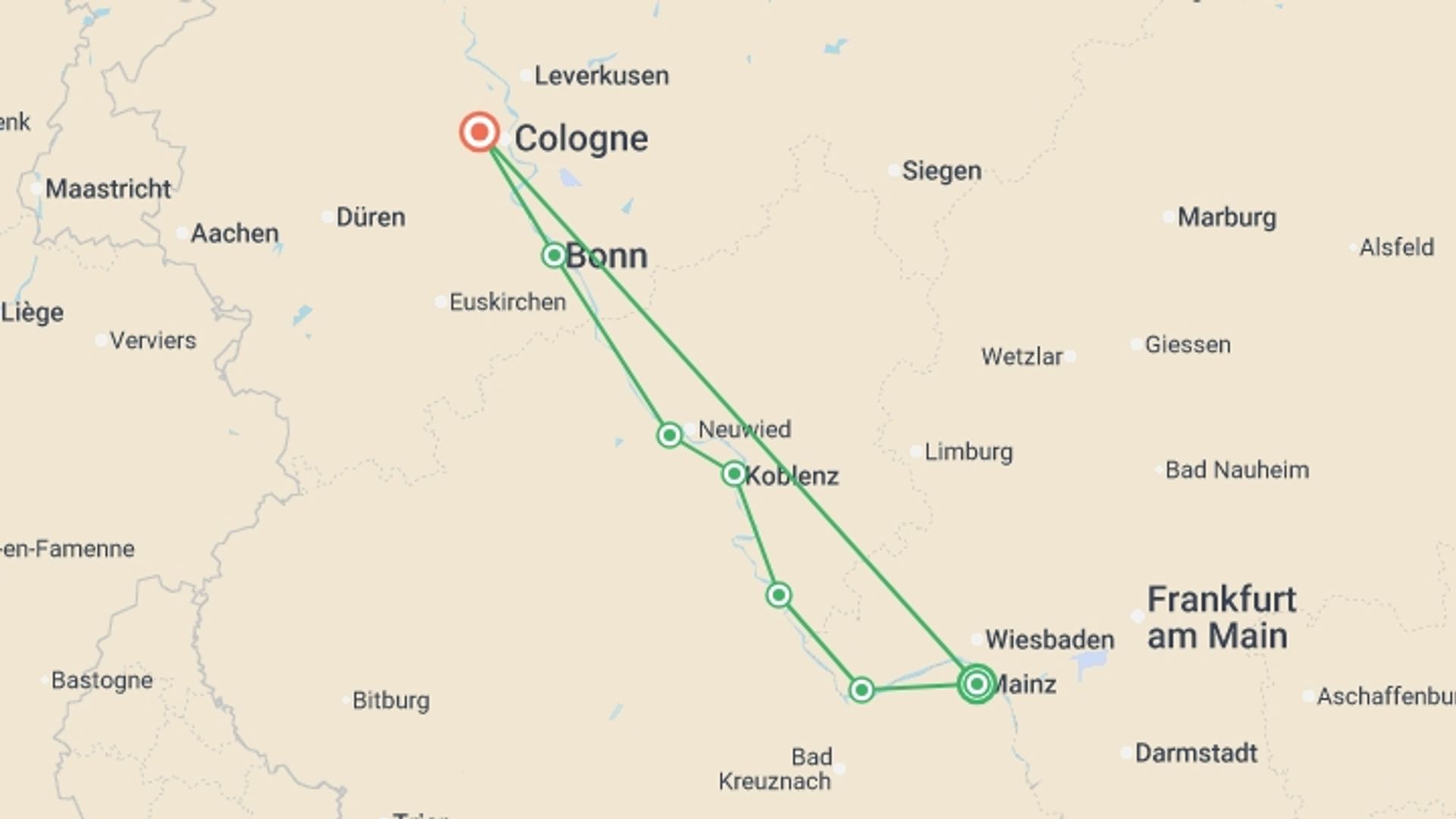 A map showing the tour itinerary for the trip: Cologne to Mainz by Bike and Barge, starting in Mainz, Germany and ending in Cologne, Germany going through 5 other destinations.