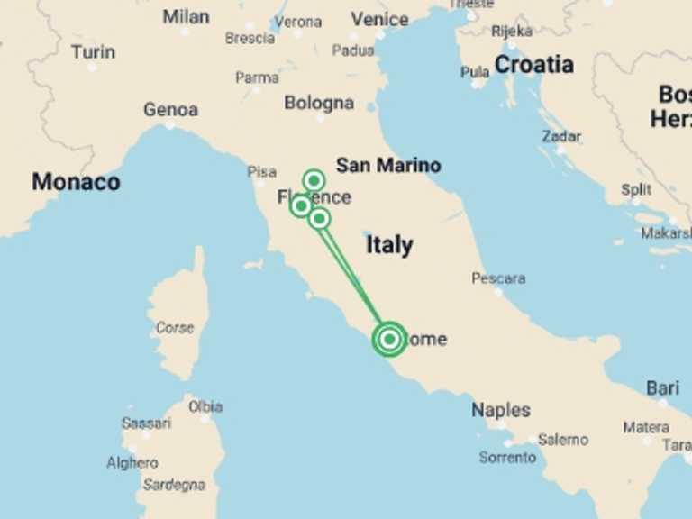 Map of Florence Countryside and village visits Tour with 4 destination visits for the trip: Local Living Italy—Tuscany San Gimignano