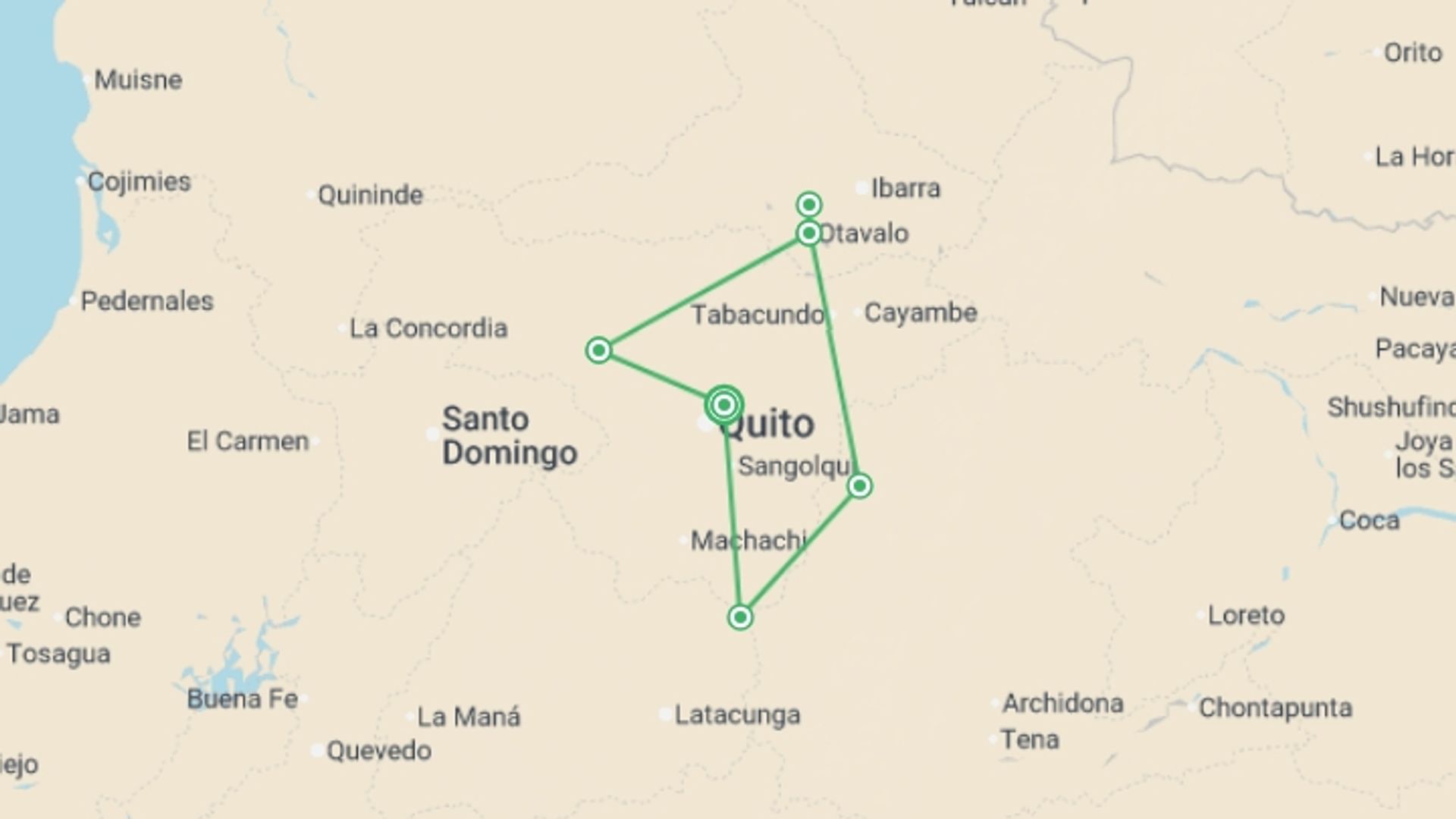 A map showing the tour itinerary for the trip: Ecuador Explorer - 7 days, starting in Quito, Ecuador and ending in Quito, Ecuador going through 3 other destinations.
