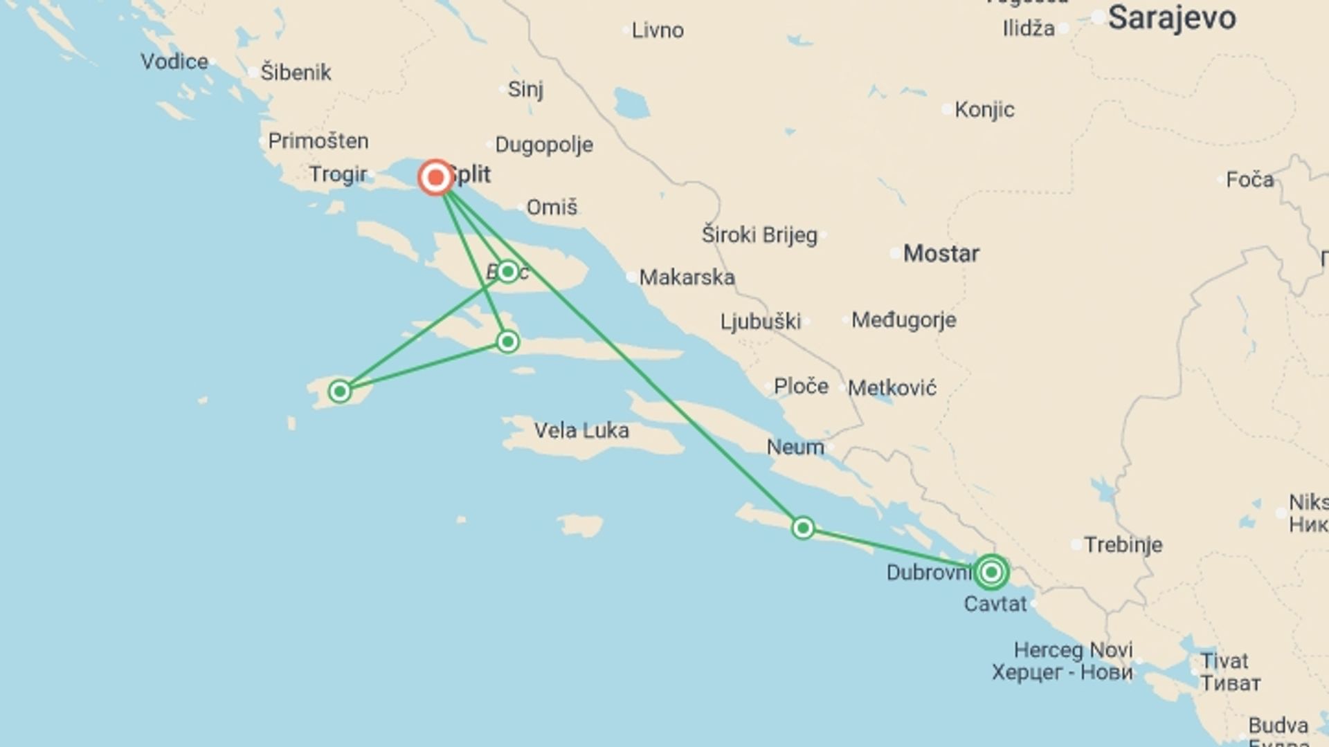 A map showing the tour itinerary for the trip: Croatia Sailing Adventure: Dubrovnik to Split, starting in Dubrovnik, Croatia and ending in Split, Croatia going through 4 other destinations.