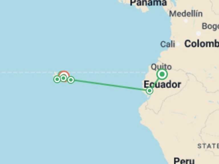 Map itinerary of Quito Tour in January 2027 with 8 destination visits for the trip: Galapagos Affordable 8 Days Tour