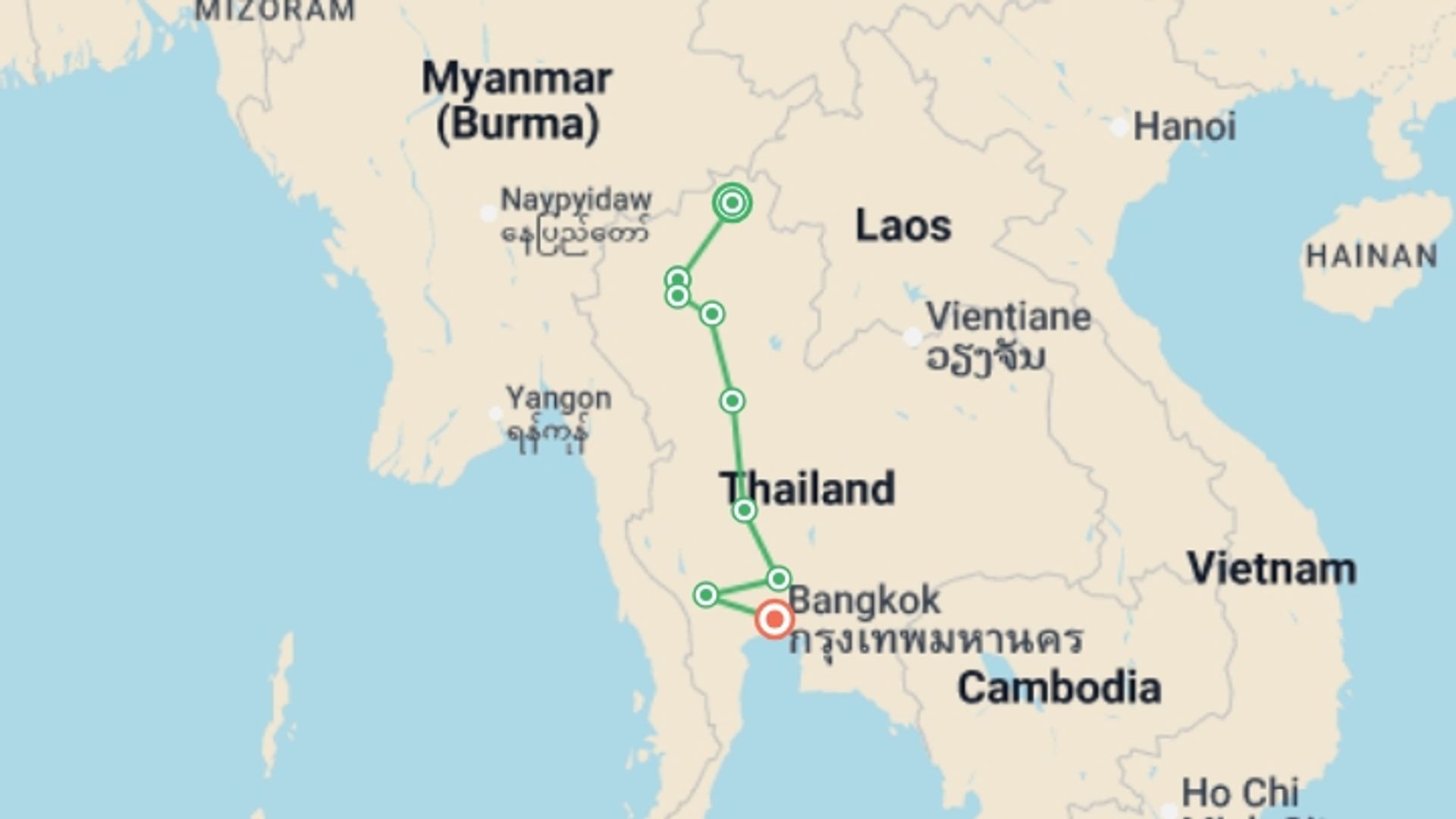 A map showing the tour itinerary for the trip: Thailand Grand Tour, Small Group Tour (other Languages), starting in Mueang Chiang Rai, Thailand and ending in Bangkok, Thailand going through 5 other destinations.