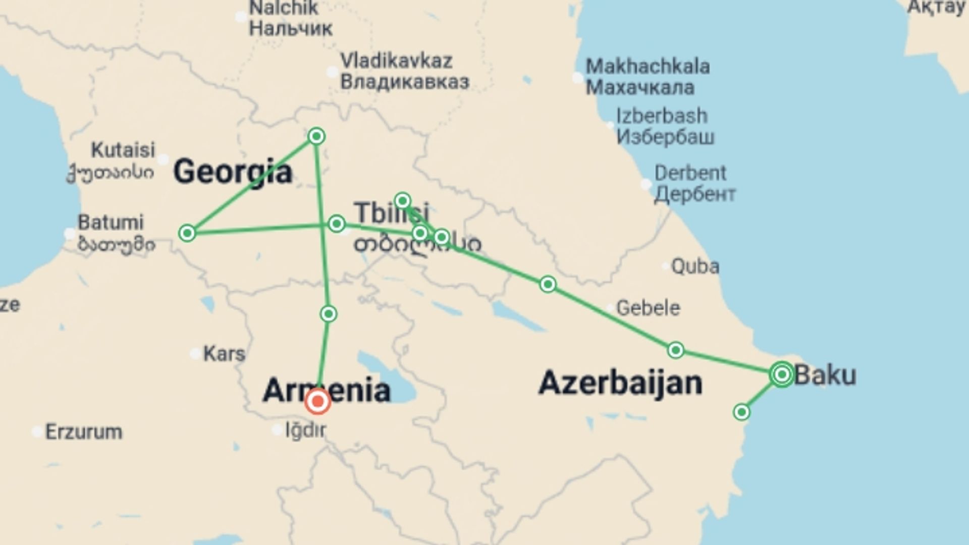 A map showing the tour itinerary for the trip: Premium Azerbaijan, Georgia & Armenia, starting in Baku, Azerbaijan and ending in Yerevan, Armenia going through 6 other destinations.