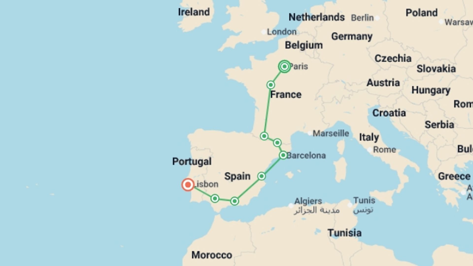 A map showing the tour itinerary for the trip: France, Spain and Portugal, starting in Paris, France and ending in Lisbon, Portugal going through 7 other destinations.