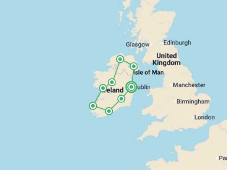 Map itinerary of Europe Tour in May 2026 with 8 destination visits for the trip: The Emerald Isle