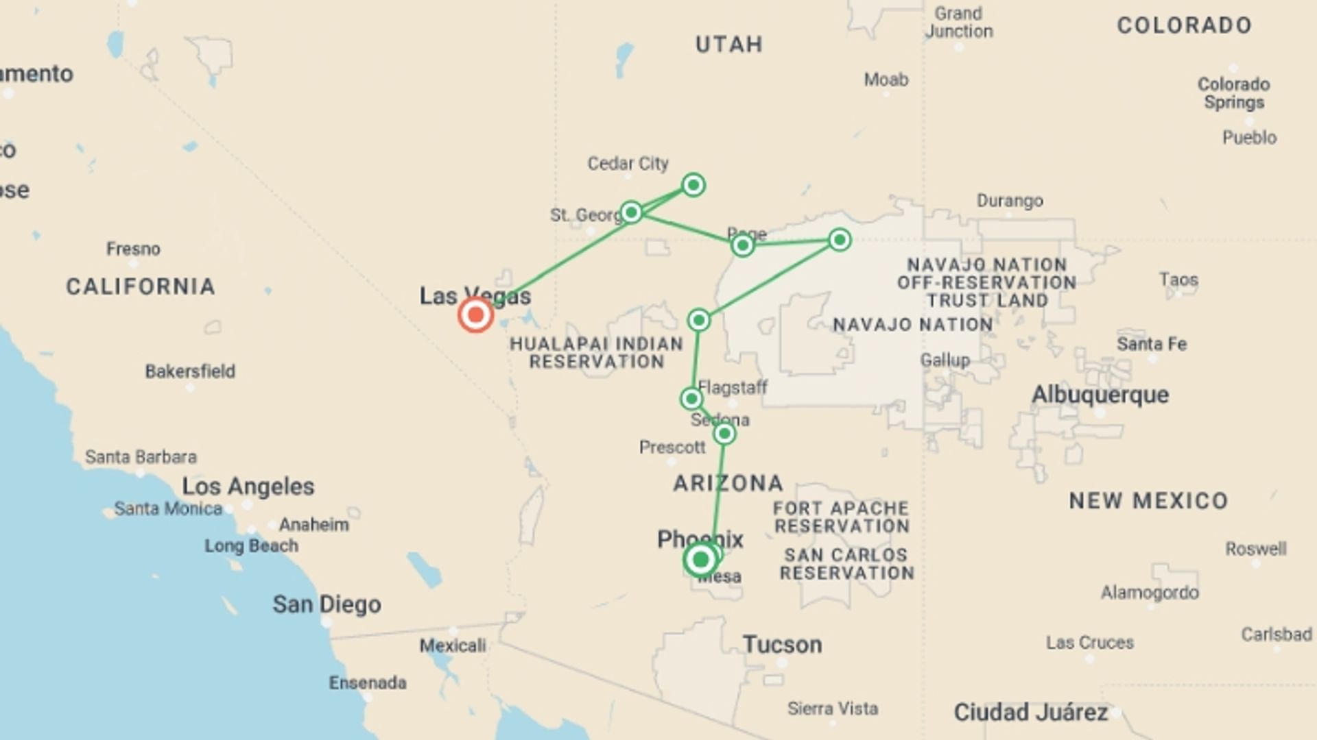 A map showing the tour itinerary for the trip: Pioneer Adventures of the Old West, starting in Phoenix, USA and ending in Las Vegas, USA going through 5 other destinations.