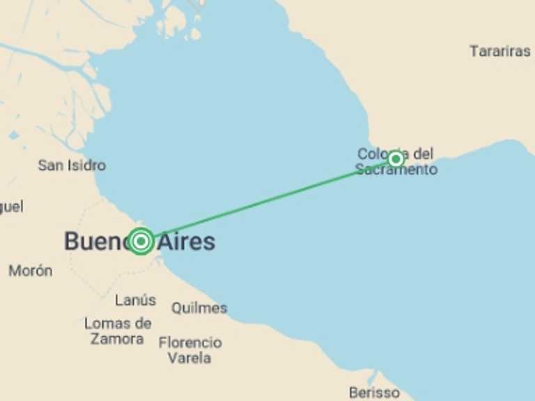 Map itinerary of Argentina Tour in December 2025 with 2 destination visits for the trip: 2-Day Colonia Tour from Buenos Aires