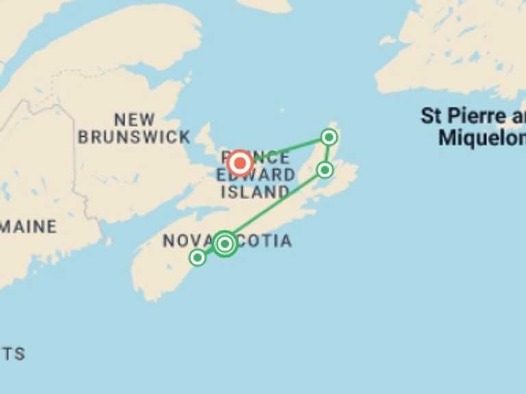 Map itinerary of Canada Tour in Spring with 5 destination visits for the trip: The Maritimes: Nova Scotia