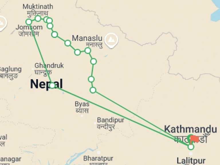 Map of Pokhara Adventure Tour with 13 destination visits for the trip: Annapurna Circuit trek 