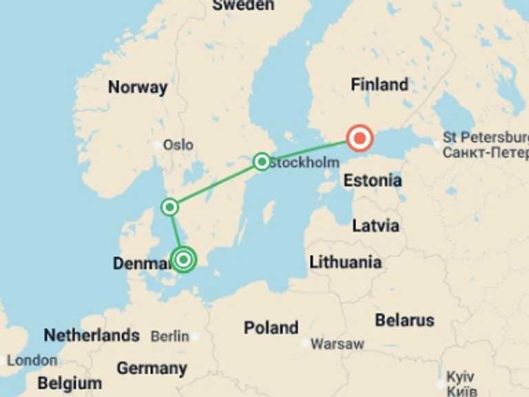 Map itinerary of Scandinavia Tour in May 2026 with 4 destination visits for the trip: Essential Scandinavia