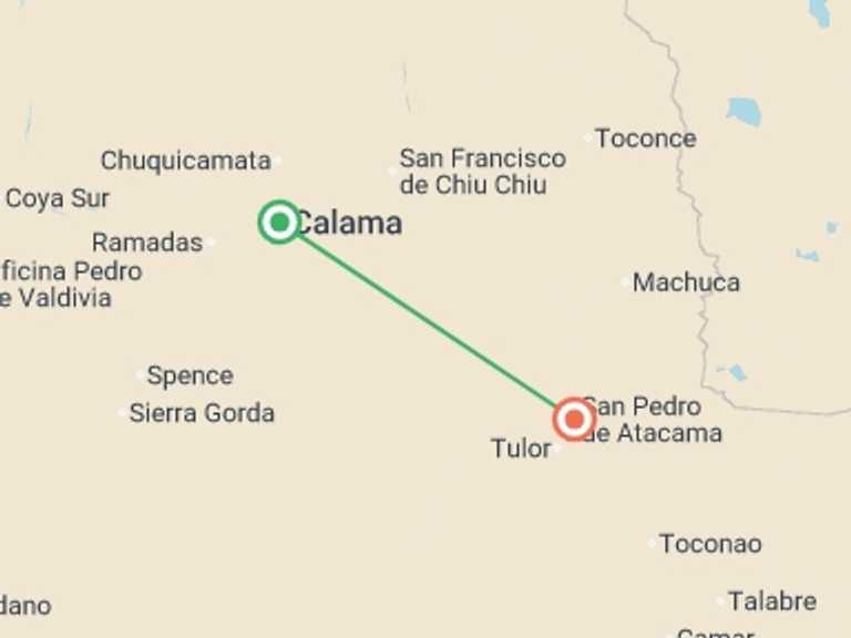Map itinerary of Chile Tour in Fall with 2 destination visits for the trip: Atacama Adventure 4D/3N