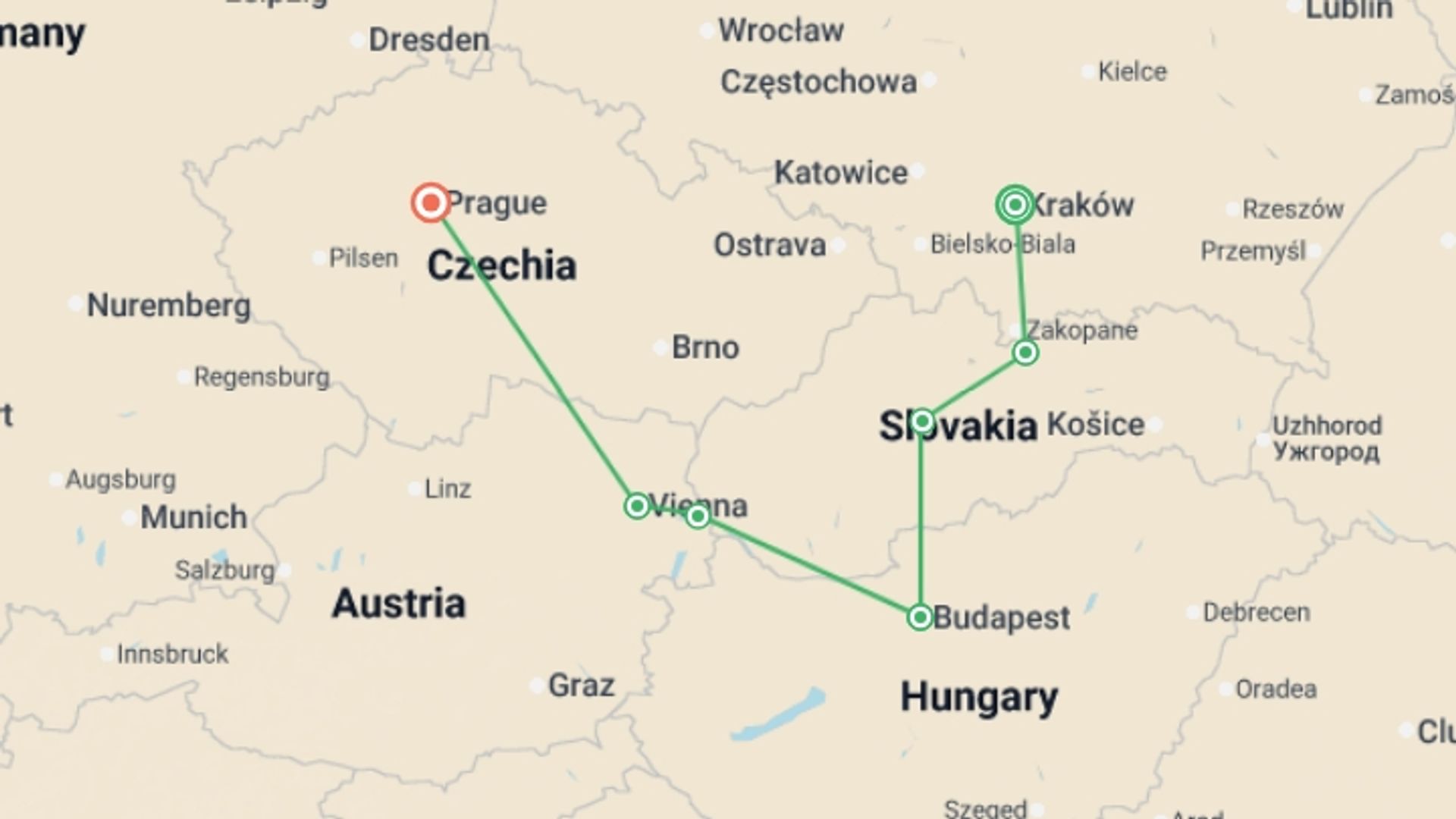 A map showing the tour itinerary for the trip: Highlights of Eastern Europe, starting in Krakow, Poland and ending in Prague, Czech Republic going through 5 other destinations.