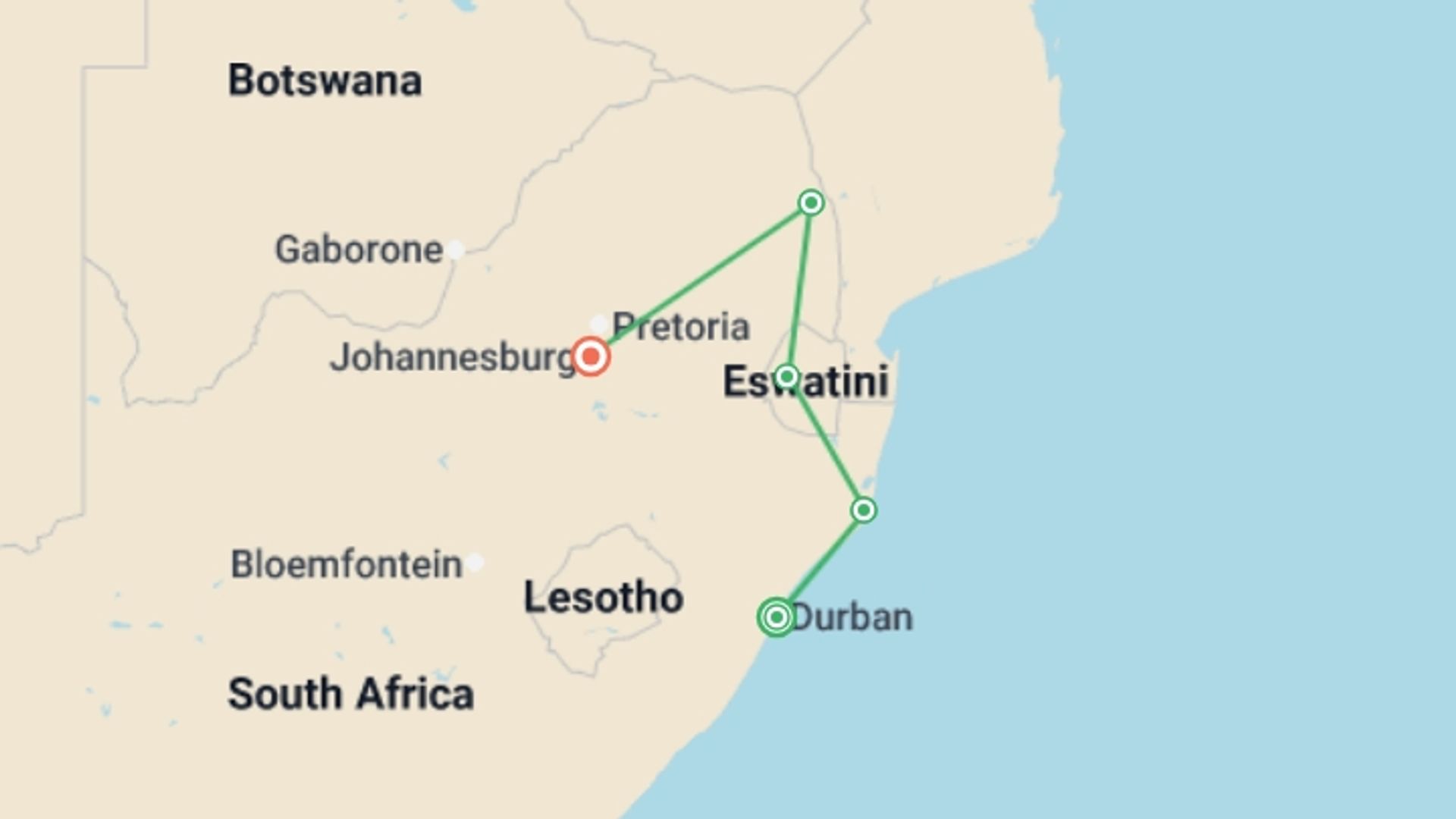 A map showing the tour itinerary for the trip: Kruger Safari with Eswatini, starting in Durban, South Africa and ending in Johannesburg, South Africa going through 3 other destinations.