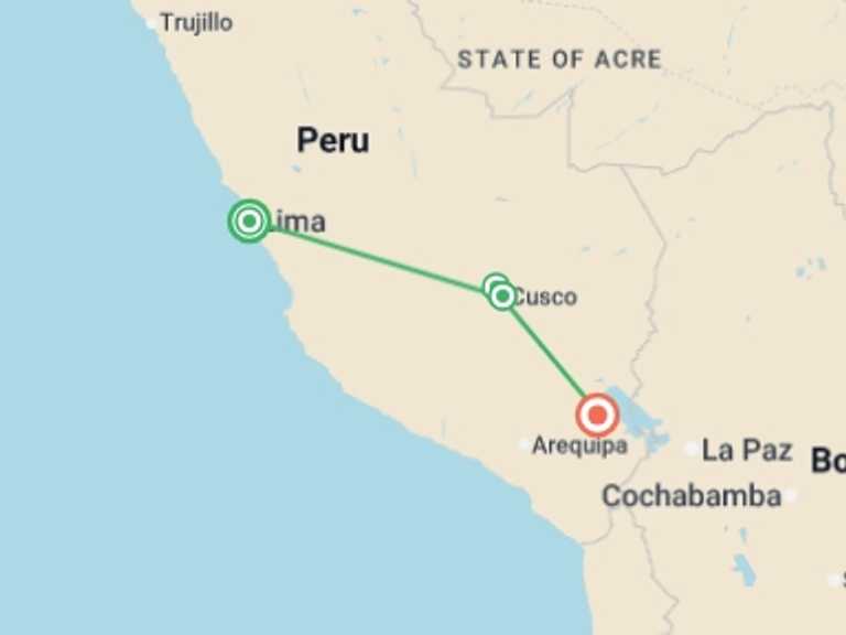 Map of South America Tour with 4 destination visits for the trip: Legacy Of The Inca Empire – 7 Days: Cusco, Sacred Valley, Machu Picchu, Puno, French-speaking Guide