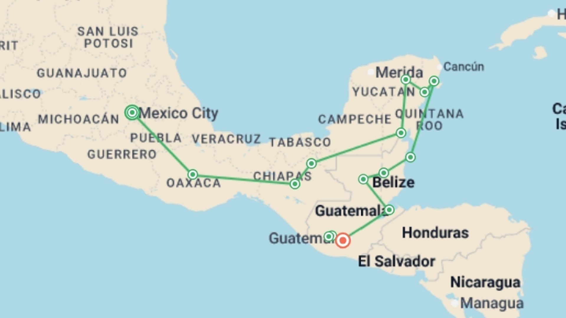 A map showing the tour itinerary for the trip: A Month in Central America: Beyond Tulum & Tikal, starting in Mexico City, Mexico and ending in Antigua, Guatemala going through 13 other destinations.