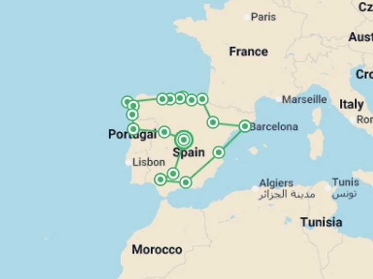 Map of Spain Tour with 11 destination visits for the trip: Spain Uncovered & Porto - 14 days