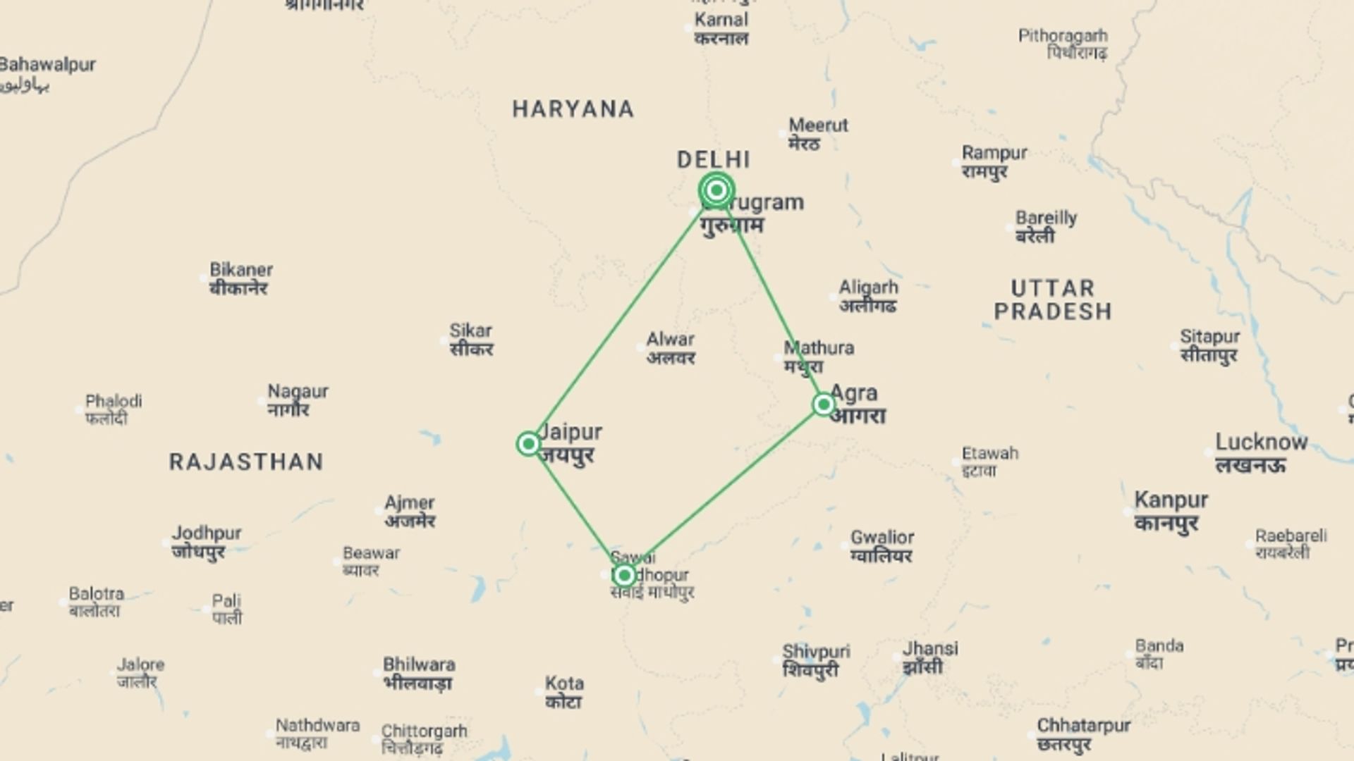 A map showing the tour itinerary for the trip: Signature India | The Realm of Royals, starting in New Delhi, India and ending in New Delhi, India going through 3 other destinations.