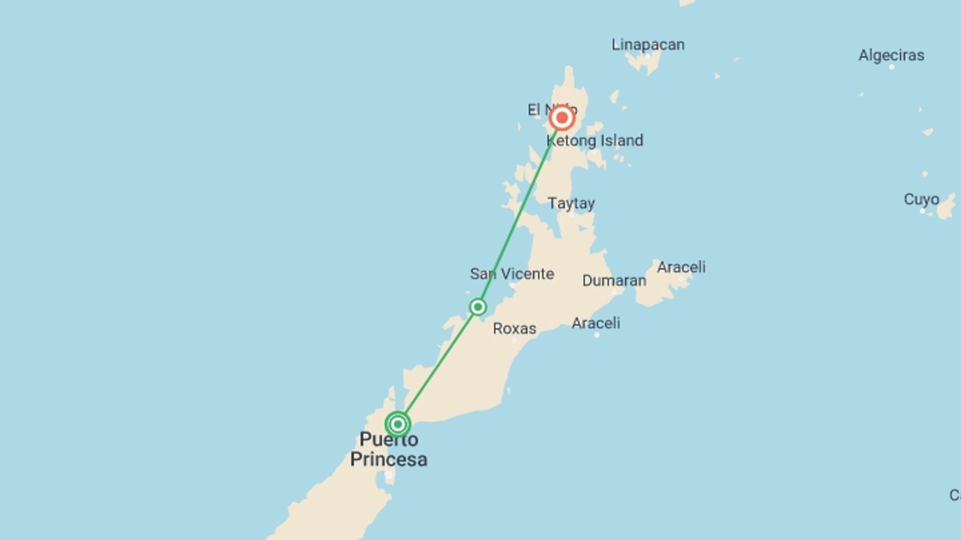 A map showing the tour itinerary for the trip: 9-Day In-depth Palawan Group Tour, starting in Puerto Princesa, Philippines and ending in El Nido, Philippines going through 2 other destinations.