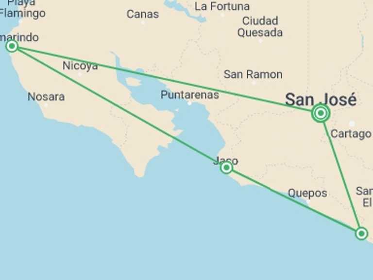 Map of 10-Day San Jose Tour with 4 destination visits for the trip: Surf Costa Rica (on Request)