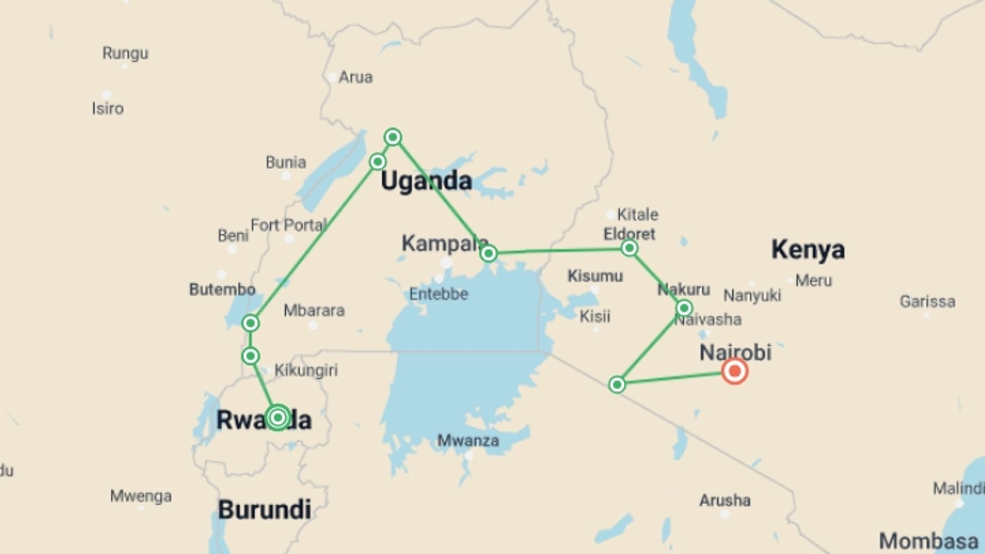 A map showing the tour itinerary for the trip: Gorillas & Masai Mara - Camping Reverse, starting in Kigali, Rwanda and ending in Nairobi, Kenya going through 8 other destinations.