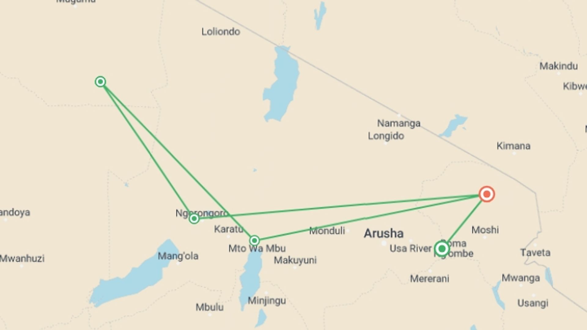A map showing the tour itinerary for the trip: 8-Day Best of Tanzania Wildlife Lodge Safari, starting in Kilimanjaro International Airport, Tanzania and ending in Kilimanjaro, Tanzania going through 4 other destinations.