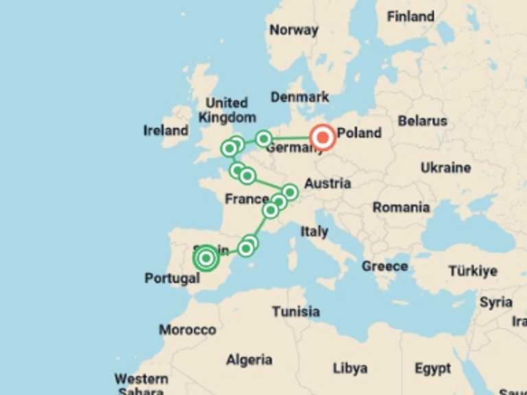Map of a Sightseeing Tour with 12 destination visits for the trip: Best European Holidays